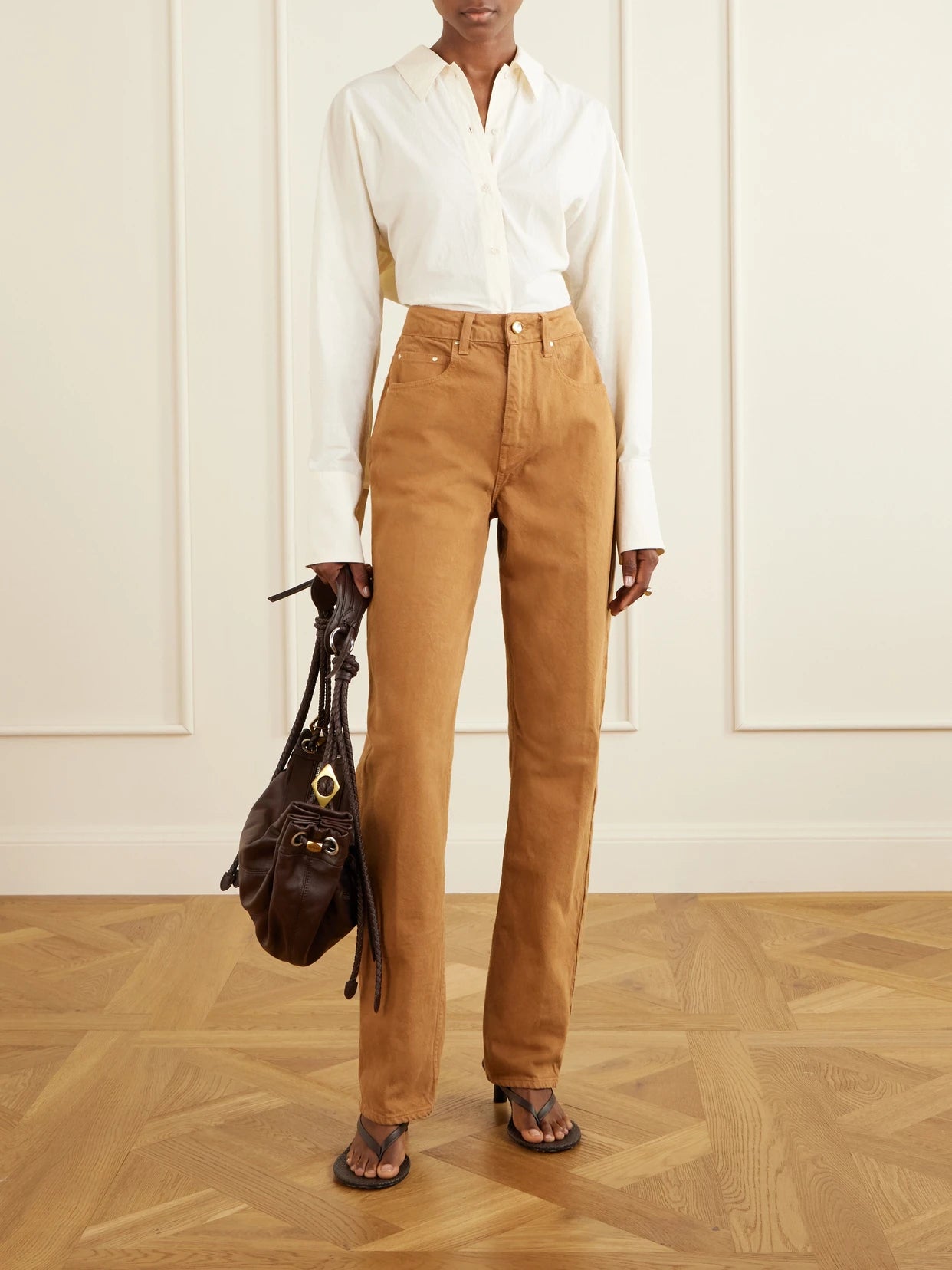 Image of Jeans. Product name - Noon High-rise Straight-leg Jeans in Light brown colour by brand - OSSOU