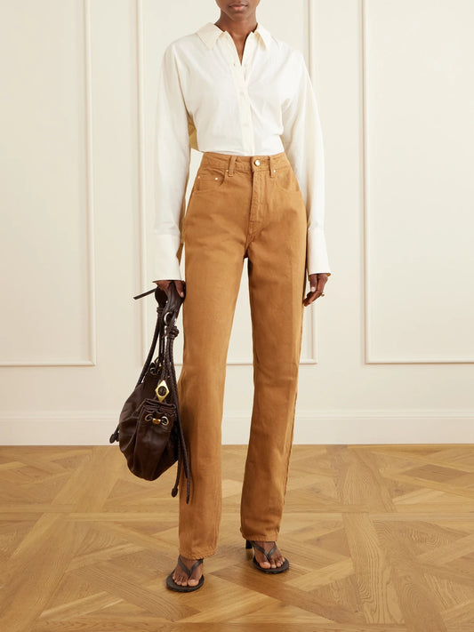 Image of Jeans. Product name - Noon High-rise Straight-leg Jeans in Light brown colour by brand - OSSOU