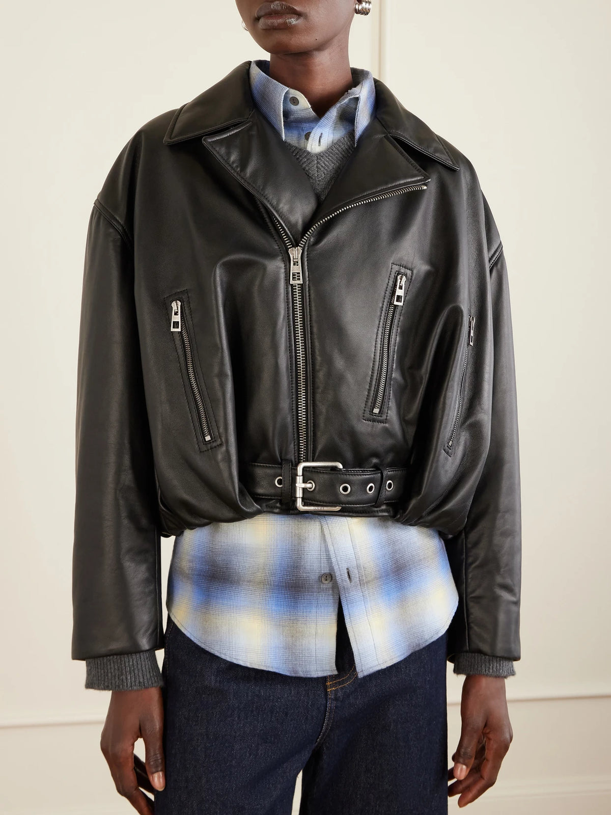 Cropped Buckled Leather Biker Jacket