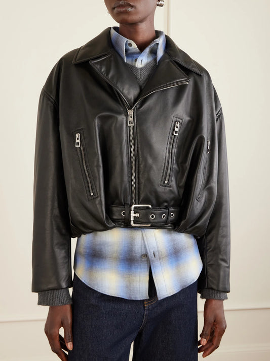 Cropped Buckled Leather Biker Jacket