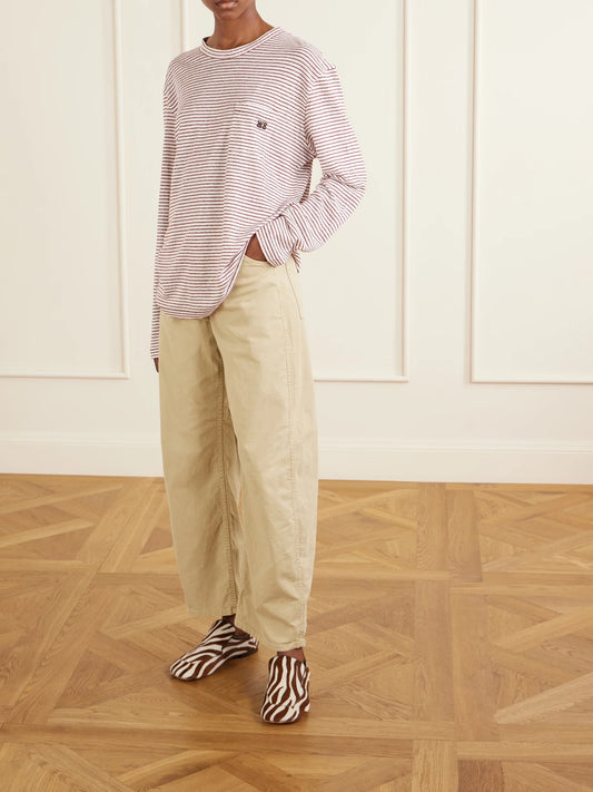 Image of a model wearing Tops. Product name - Hour Embroidered Striped Linen And Cotton-blend T-shirt in Pink colour by brand - Wales Bonner