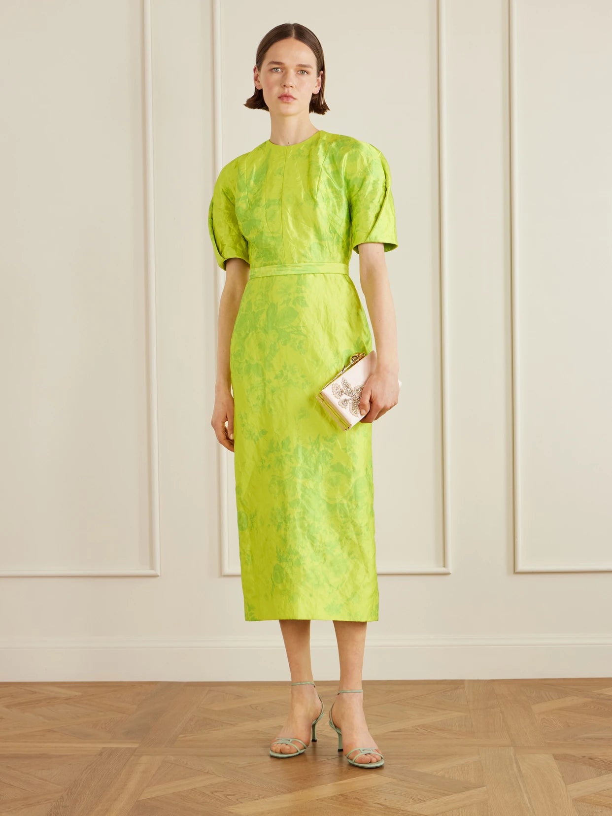 Image of Dresses. Product name - Printed Crinkled-satin Midi Dress in Lime green colour by brand - Erdem