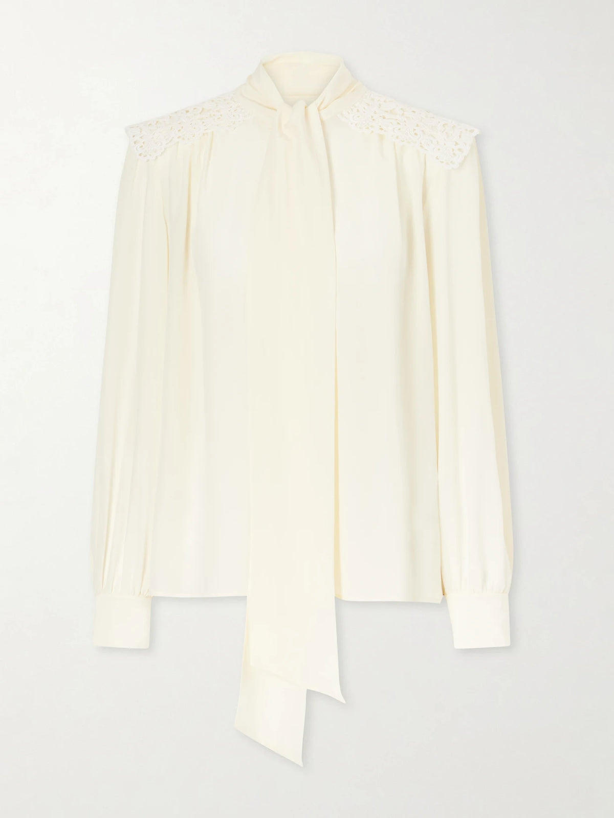 Pussy-bow Crochet-trimmed Silk Crepe De Chine Shirt