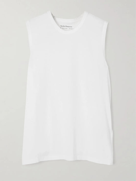 Image of a model wearing Tops. Product name - Organic Cotton-jersey Tank Top in White colour by brand - Another Tomorrow