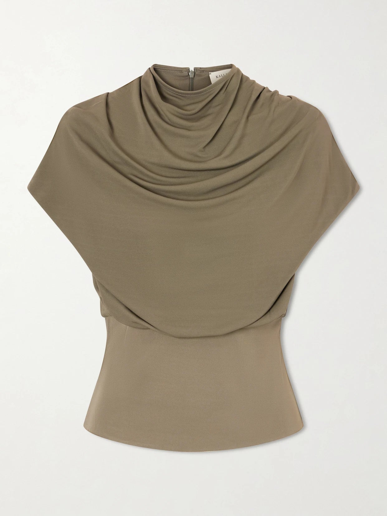 Image of a model wearing Tops. Product name - Jocelyn Gathered Draped Jersey Top in Gray green colour by brand - KALLMEYER