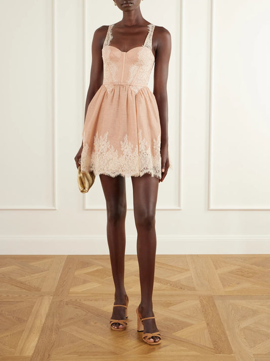 Image of Dresses. Product name - Valiant Belted Lace-trimmed Linen And Silk-blend Corset Mini Dress in Pink colour by brand - Zimmermann