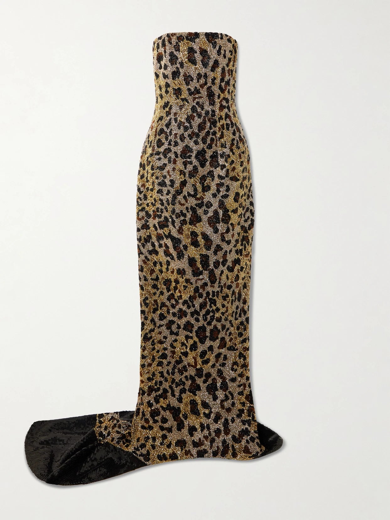 Image of Dresses. Product name - Naomi Strapless Embellished Leopard-print Satin Gown in Leopard print colour by brand - Clio Peppiatt