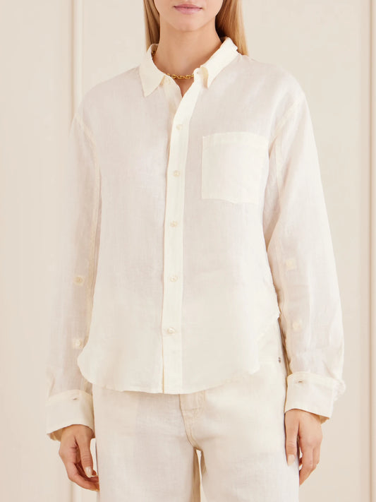 Image of a model wearing Tops. Product name - Kayla Shrunken Linen Shirt in Cream colour by brand - Citizens of Humanity
