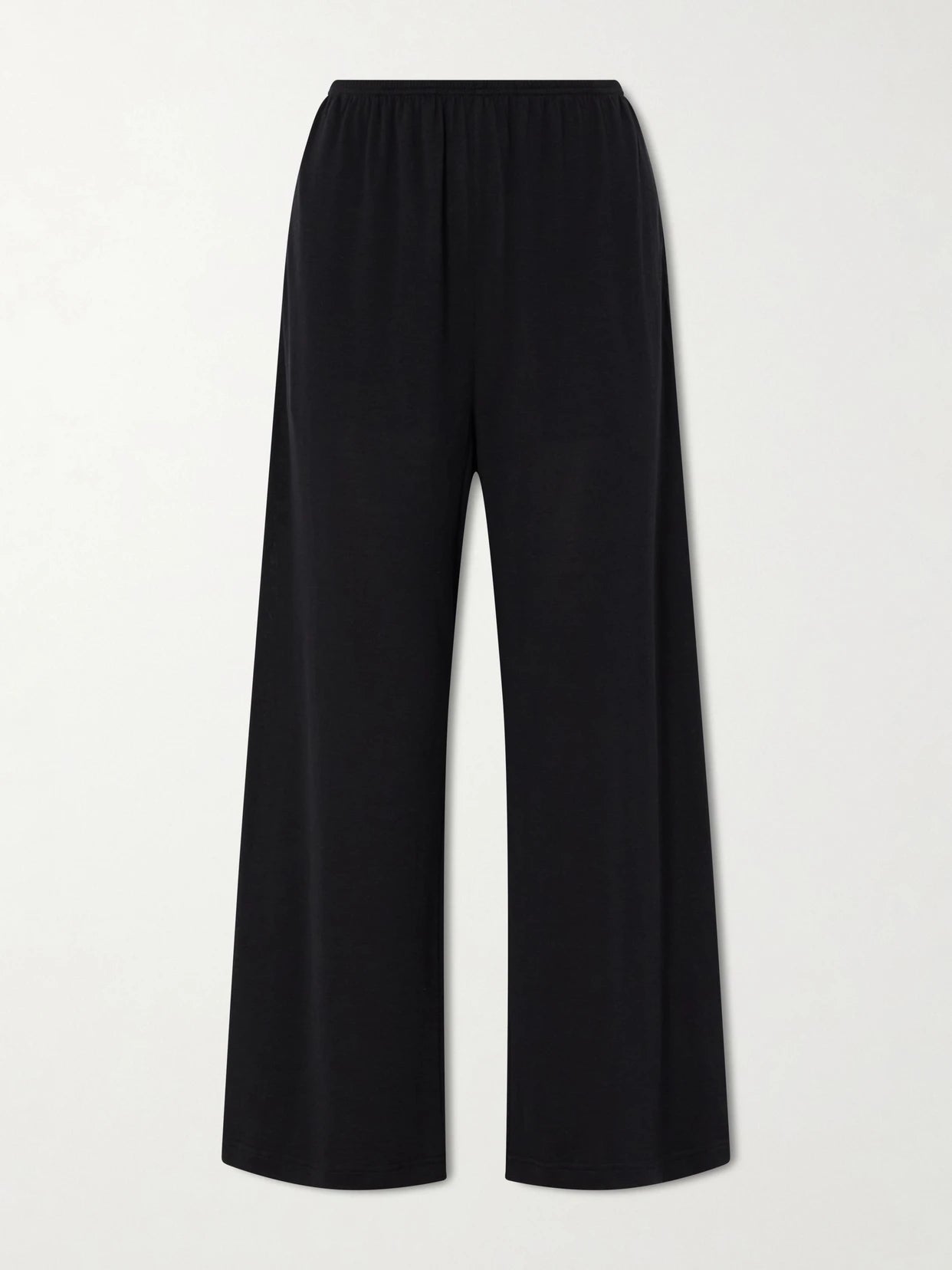 Image of a model wearing Pants. Product name - Cotton And Silk-blend Wide-leg Pants in Black colour by brand - TOTEME
