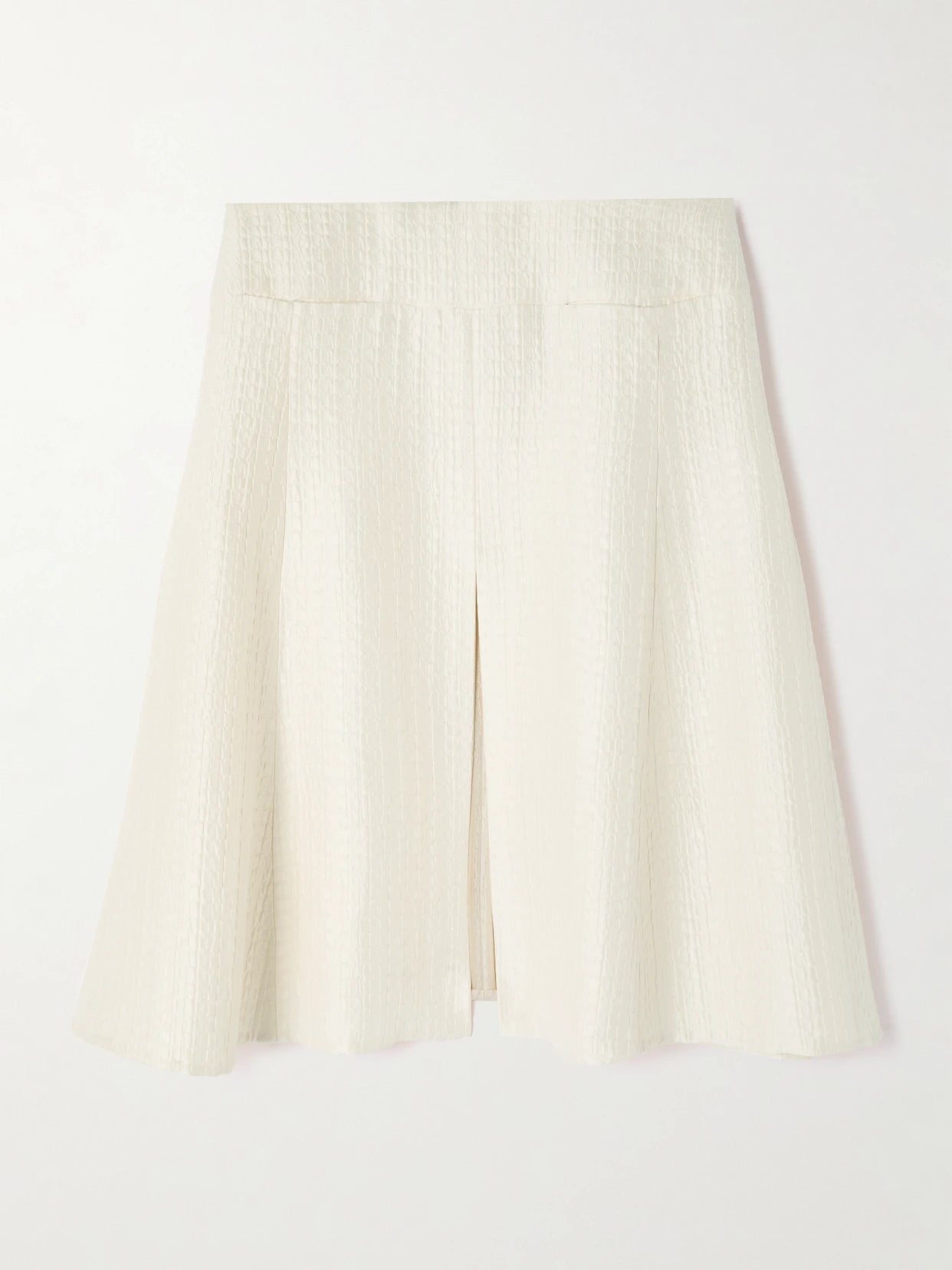 Image of a model wearing Skirts. Product name - Silk-cloqué Midi Skirt in Ivory colour by brand - Alaïa
