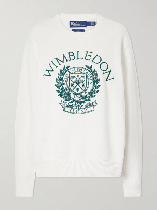 Image of a model wearing Outerwear. Product name - + Wimbledon Logo-embroidered Cotton Sweater in White colour by brand - Polo Ralph Lauren