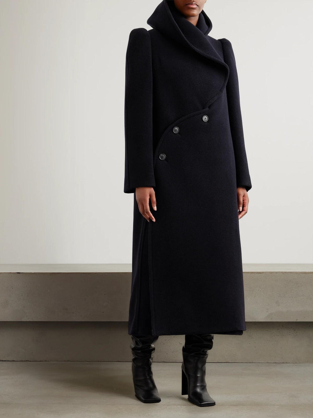 Image of Coats & Jackets. Product name - Hooded Wool Coat in Navy colour by brand - Alaïa