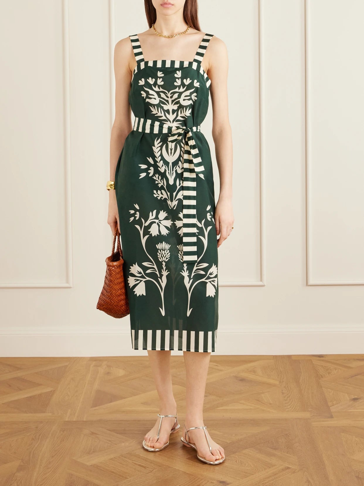 Image of Dresses. Product name - Lakshya Belted Printed Cotton And Silk-blend Midi Dress in Green colour by brand - Eres