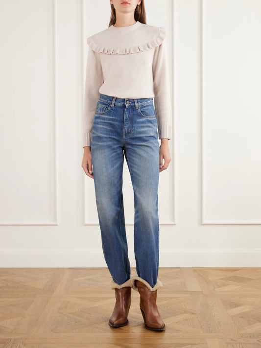 Image of a model wearing Outerwear. Product name - Ruffled-trimmed Wool And Cashmere-blend Sweater in Ivory, Gray colour by brand - Chloé