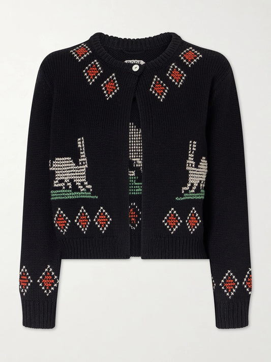 Image of a model wearing Outerwear. Product name - Bunny Jacquard-knit Wool Cardigan in Black colour by brand - BODE
