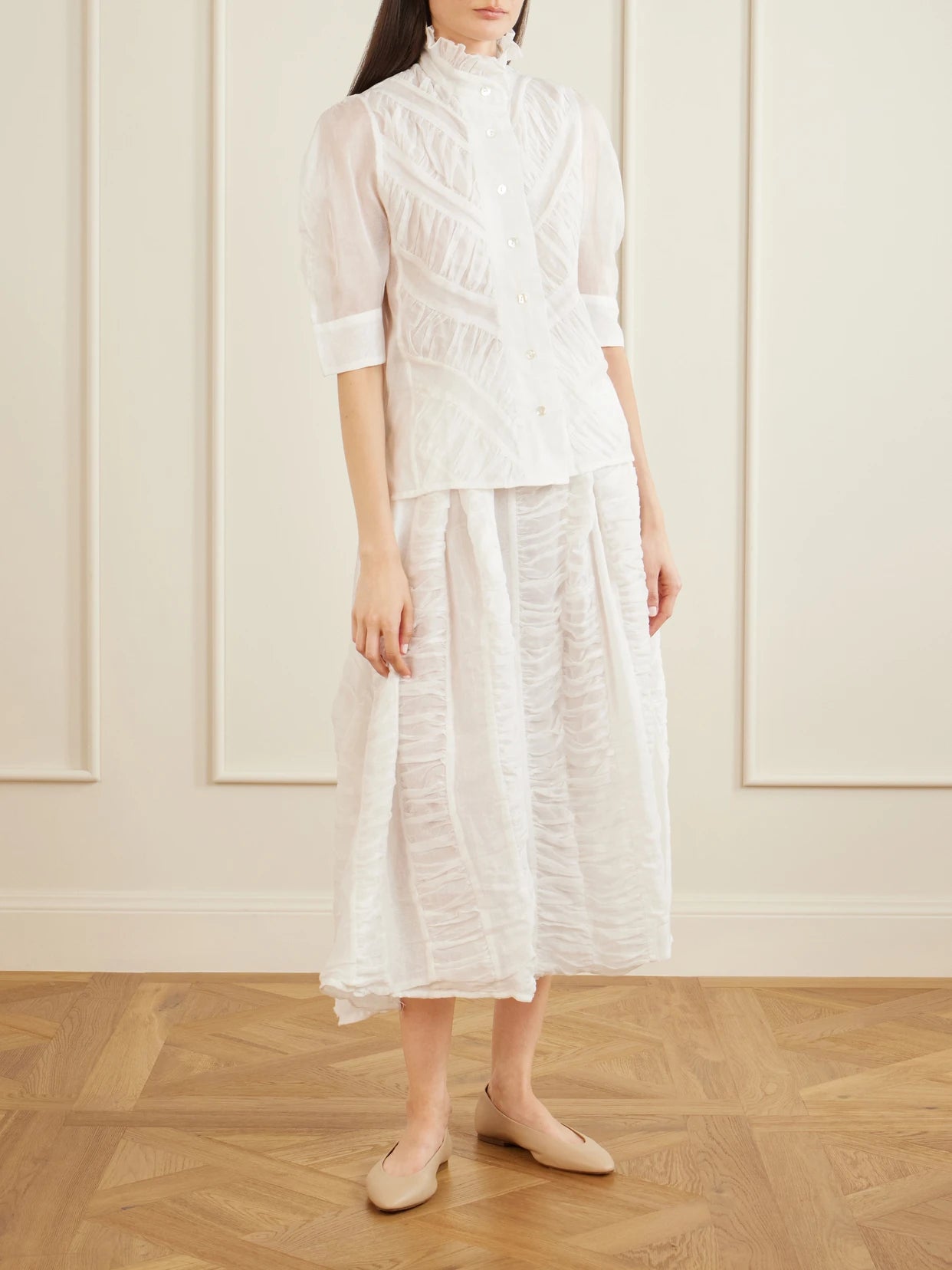 Image of Shirts. Product name - Vita Ruffled Pleated Cotton-gauze Shirt in Off-white colour by brand - Thierry Colson