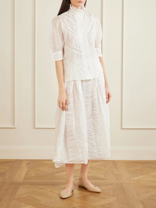 Image of Shirts. Product name - Vita Ruffled Pleated Cotton-gauze Shirt in Off-white colour by brand - Thierry Colson