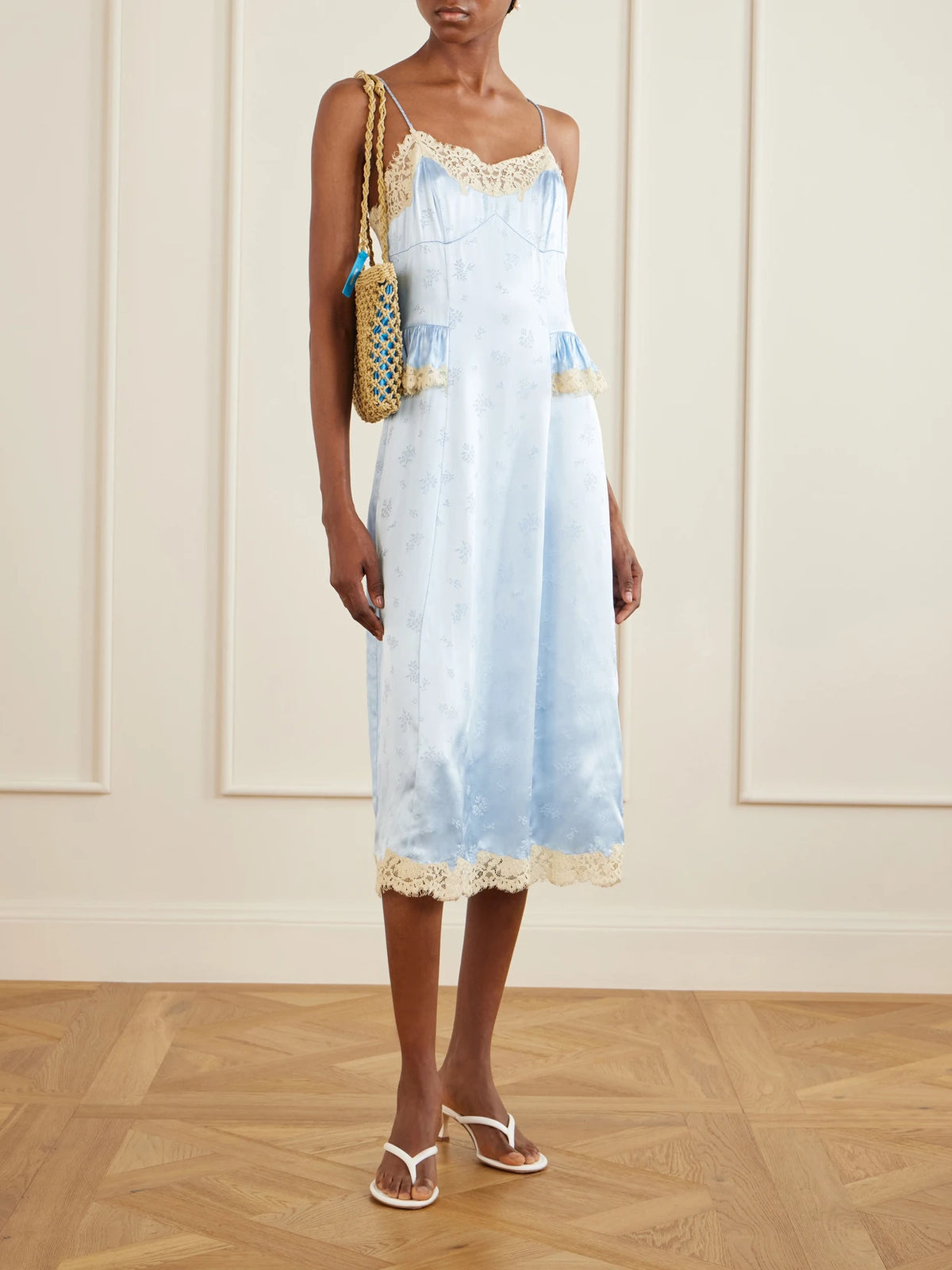 Image of Dresses. Product name - Lise Lace-trimmed Floral-jacquard Satin Midi Dress in Light blue colour by brand - DÔEN