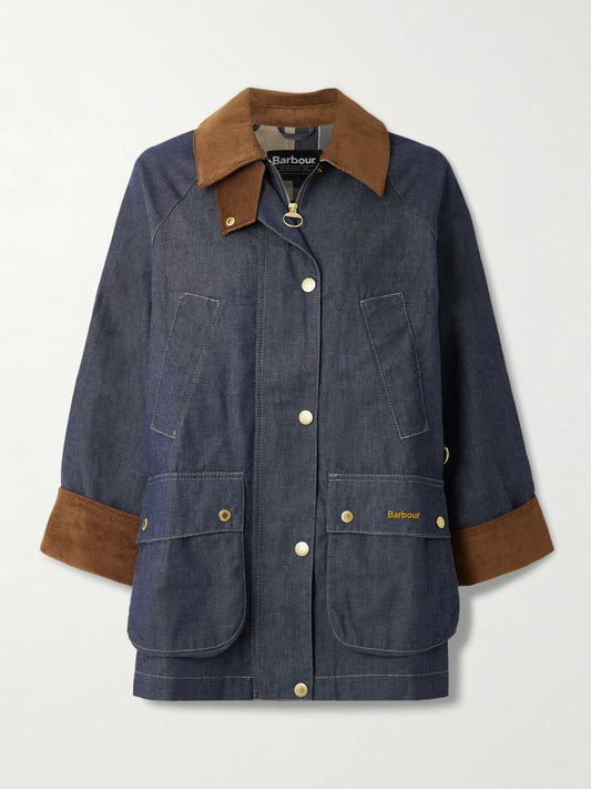 Image of Coats & Jackets. Product name - Asker Cotton Corduroy-trimmed Denim Jacket in Indigo colour by brand - Barbour