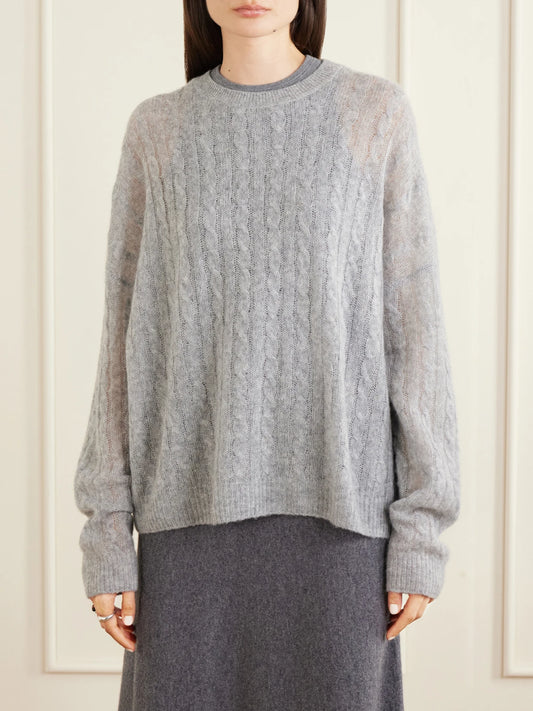 Image of a model wearing Outerwear. Product name - Amabel Cable-knit Cashmere And Silk-blend Sweater in Light gray colour by brand - LISA YANG