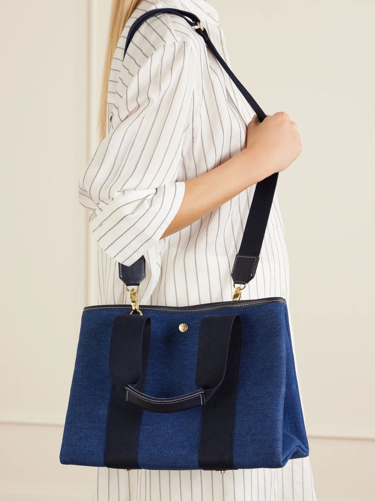 Traversée Medium Leather And Webbing-trimmed Denim Tote