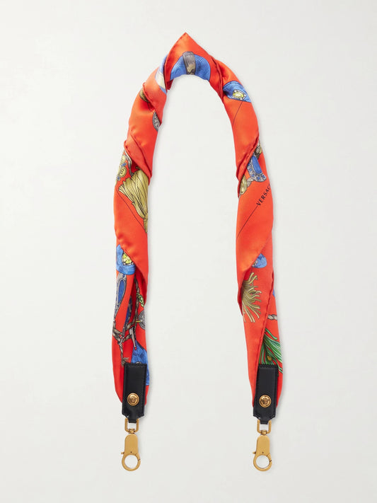 Medusa-embellished Leather-trimmed Printed Silk-twill Bag Strap