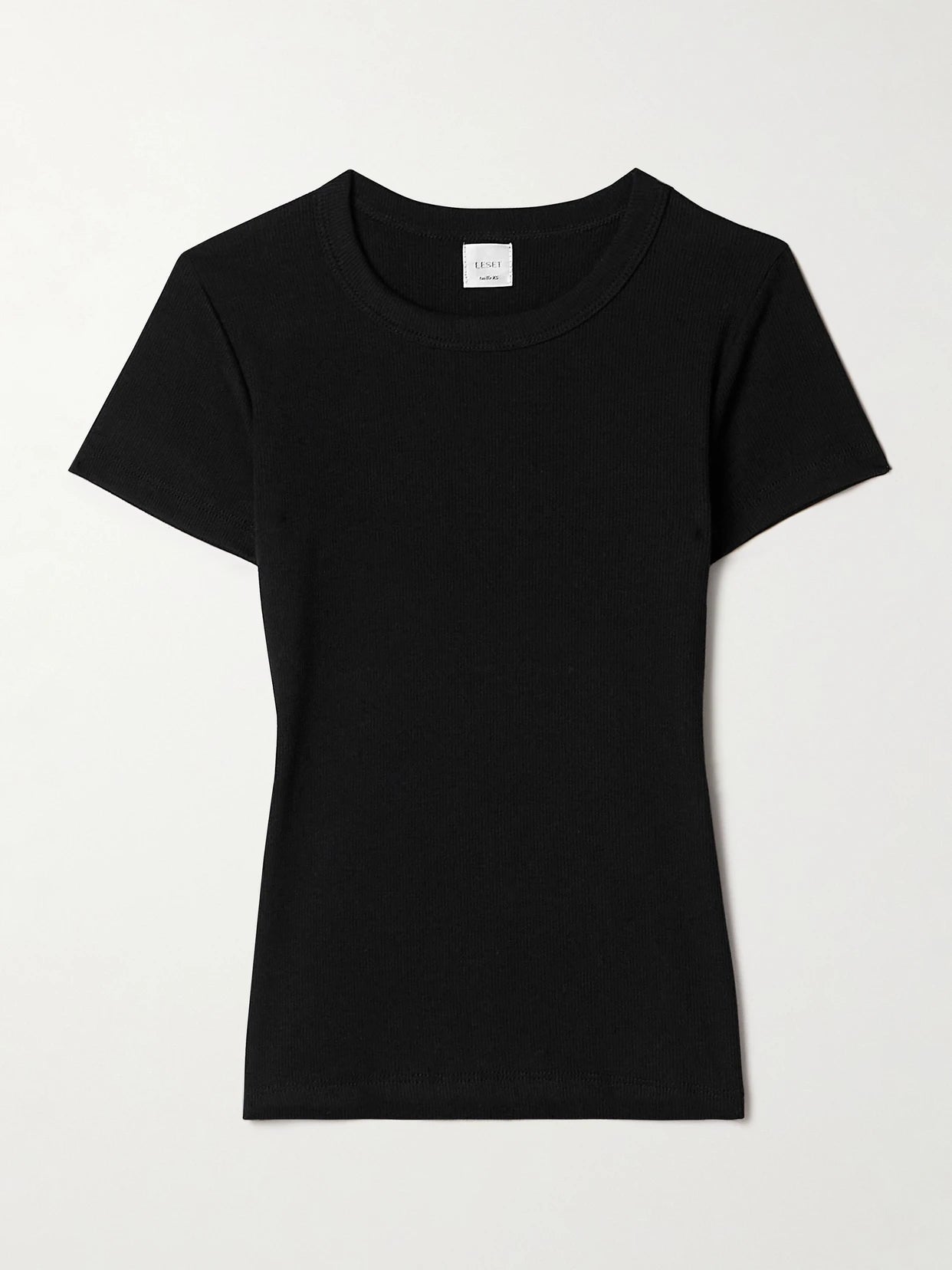 Image of a model wearing Tops. Product name - Kelly Ribbed Cotton-blend Jersey T-shirt in Black colour by brand - LESET