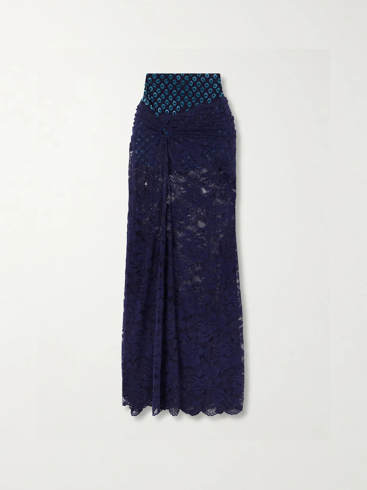 Image of a model wearing Skirts. Product name - Lace Maxi Skirt in Navy colour by brand - RABANNE