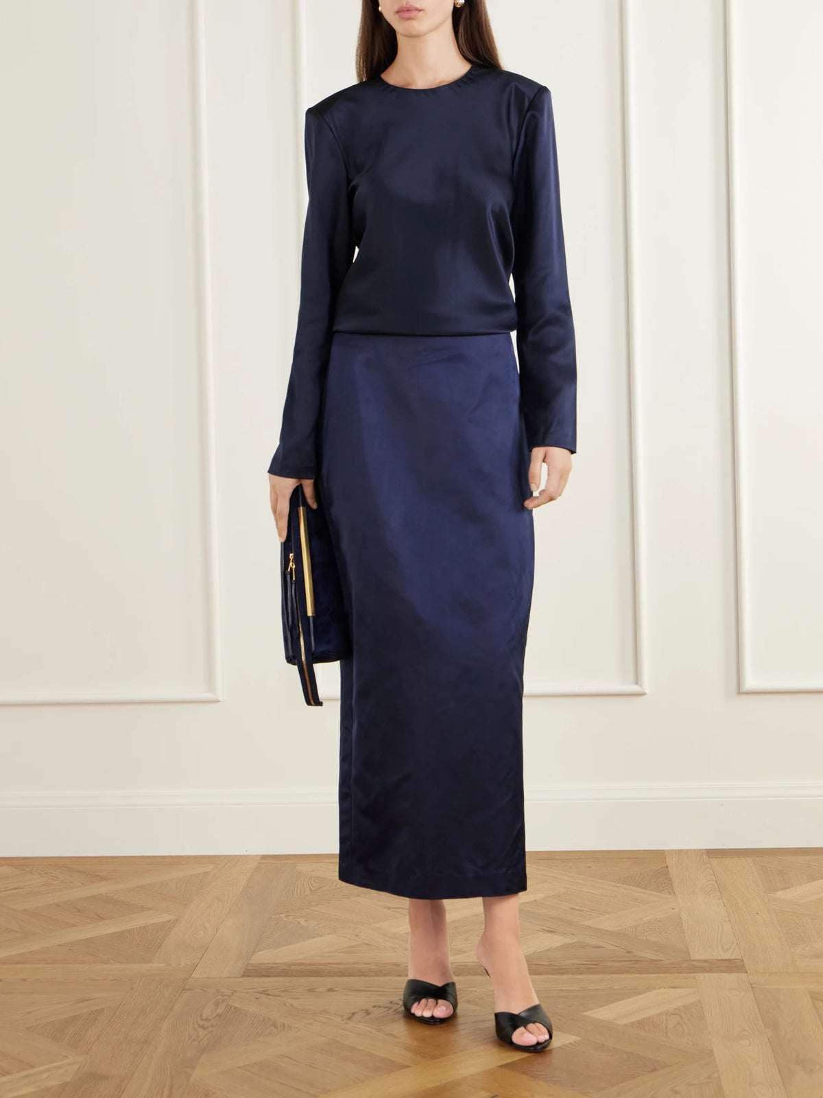 Image of a model wearing Tops. Product name - Ruth Silk-satin Blouse in Midnight blue colour by brand - Heirlome
