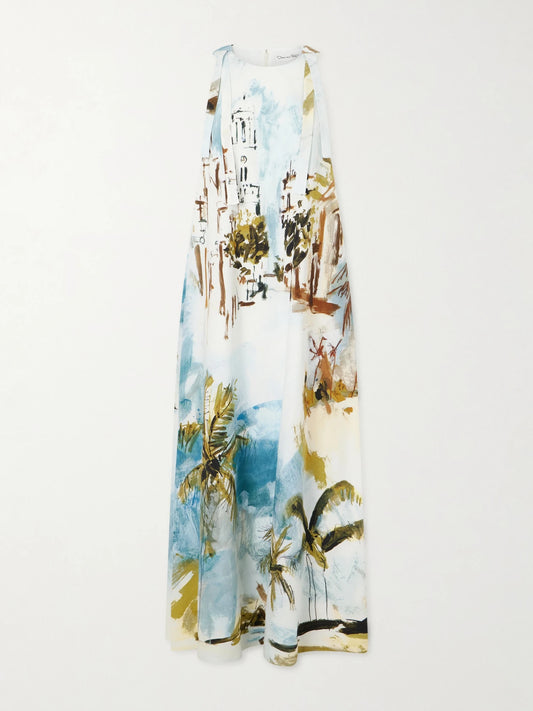 Image of Dresses. Product name - Printed Cotton-blend Poplin Maxi Dress in Light blue colour by brand - Oscar de la Renta