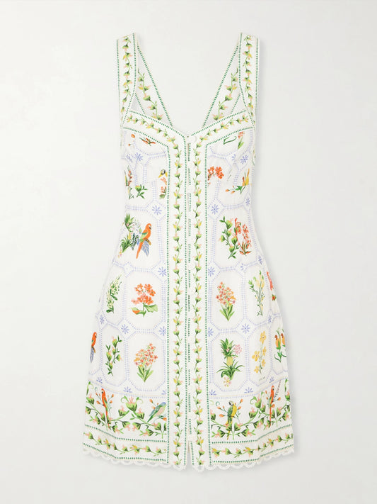 Image of Dresses. Product name - Tropical Porcelain Printed Linen Mini Dress in White colour by brand - Farm Rio