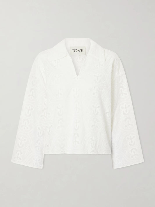 Image of Blouses. Product name - Leighton Floral-embroidered Cotton-blend Blouse in White colour by brand - TOVE