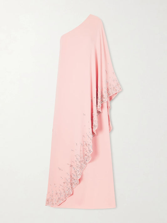 Image of Dresses. Product name - One-shoulder Crystal-embellished Silk-blend Crepe Gown in Pink colour by brand - Oscar de la Renta