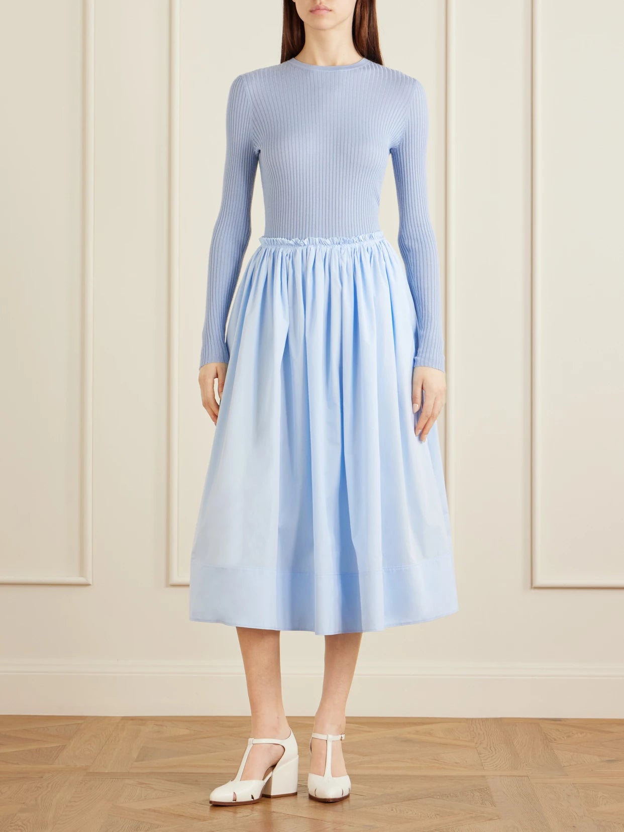 Image of a model wearing Outerwear. Product name - Browning Knit, Ribbed Cashmere And Silk Blend Sweater in Sky blue colour by brand - Gabriela Hearst