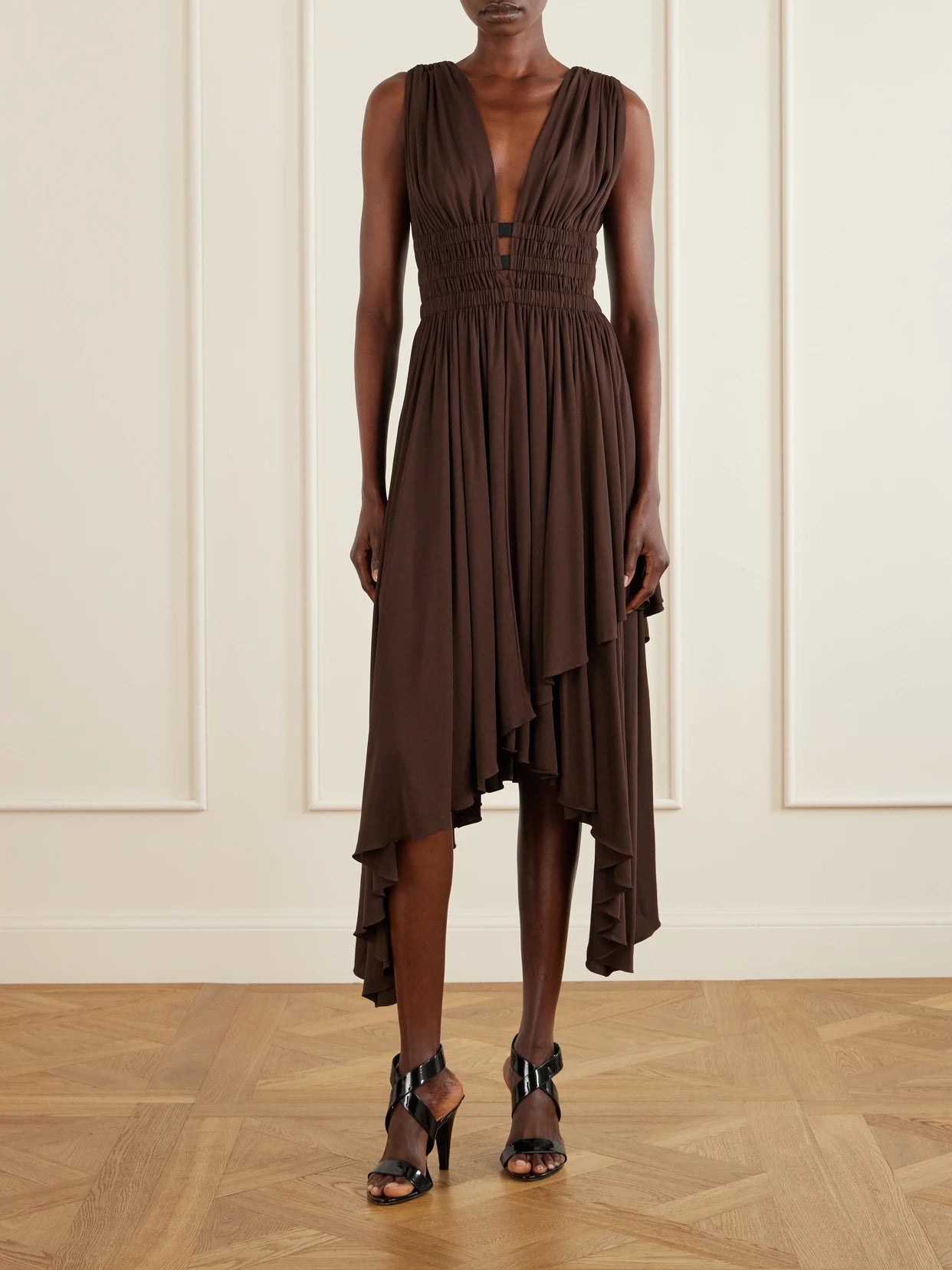 Image of Dresses. Product name - Draped Jersey Midi Dress in Chocolate colour by brand - Alaïa