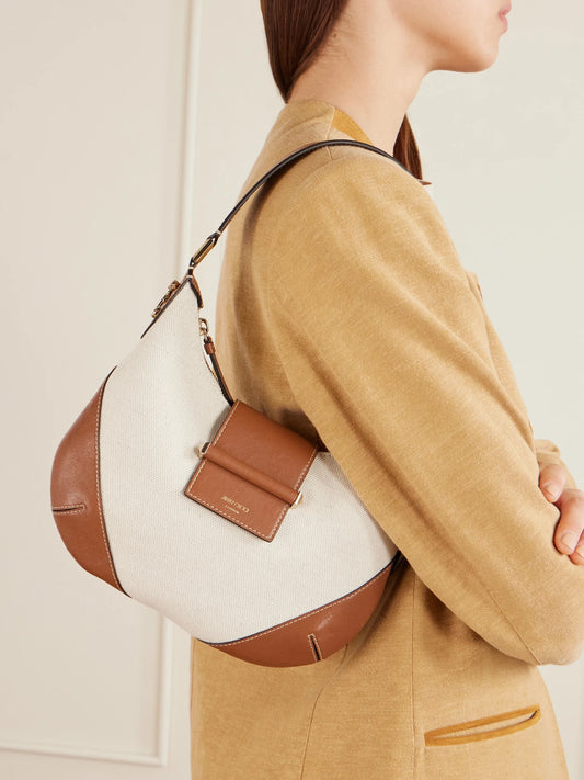 Image of Bags. Product name - Bar Small Canvas Leather-trim Shoulder Bag in Tan colour by brand - Jimmy Choo