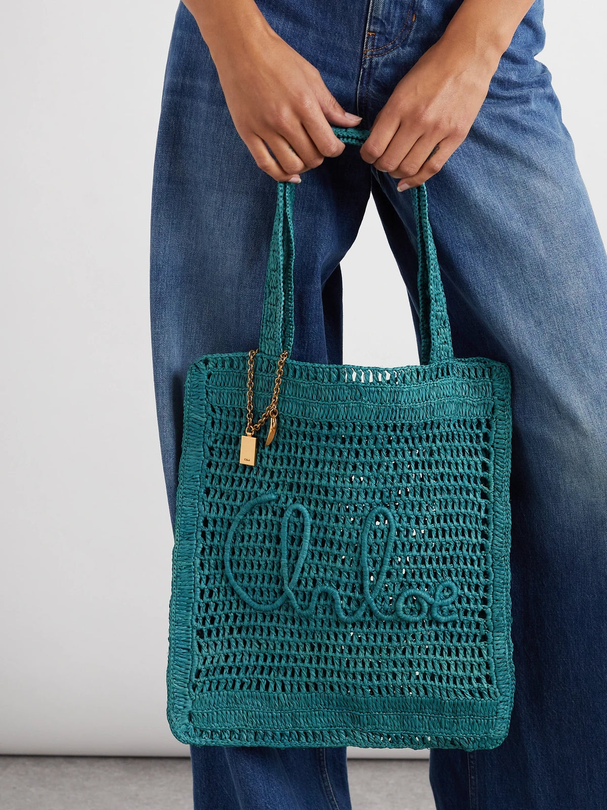 Image of Bags. Product name - Summer Banana Embellished Raffia Tote in Blue colour by brand - Chloé