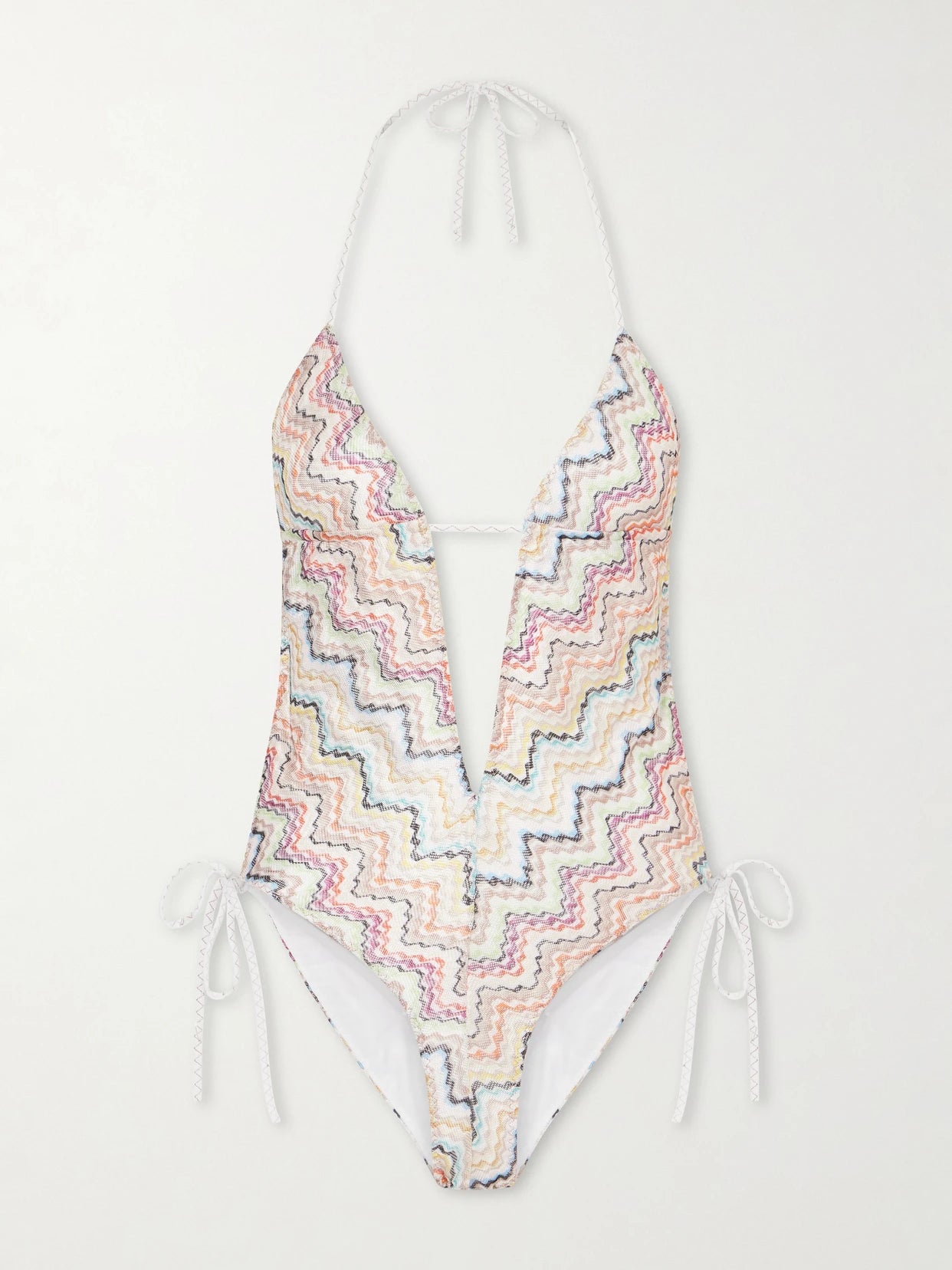 Image of Swimwear. Product name - Striped Crochet-knit Halterneck Swimsuit in Multi colour by brand - Missoni