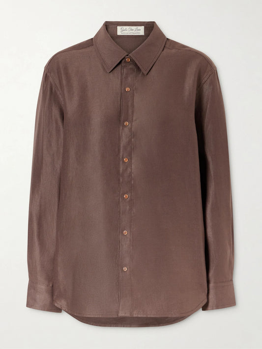 Image of a model wearing Tops. Product name - Cocoa Linen Shirt in Brown colour by brand - God's True Cashmere