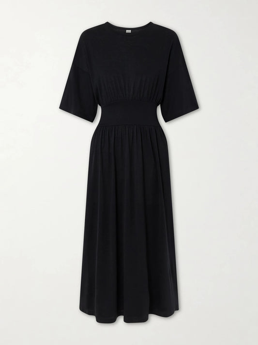 Image of Dresses. Product name - Cotton And Silk-blend Midi Dress in Black colour by brand - TOTEME