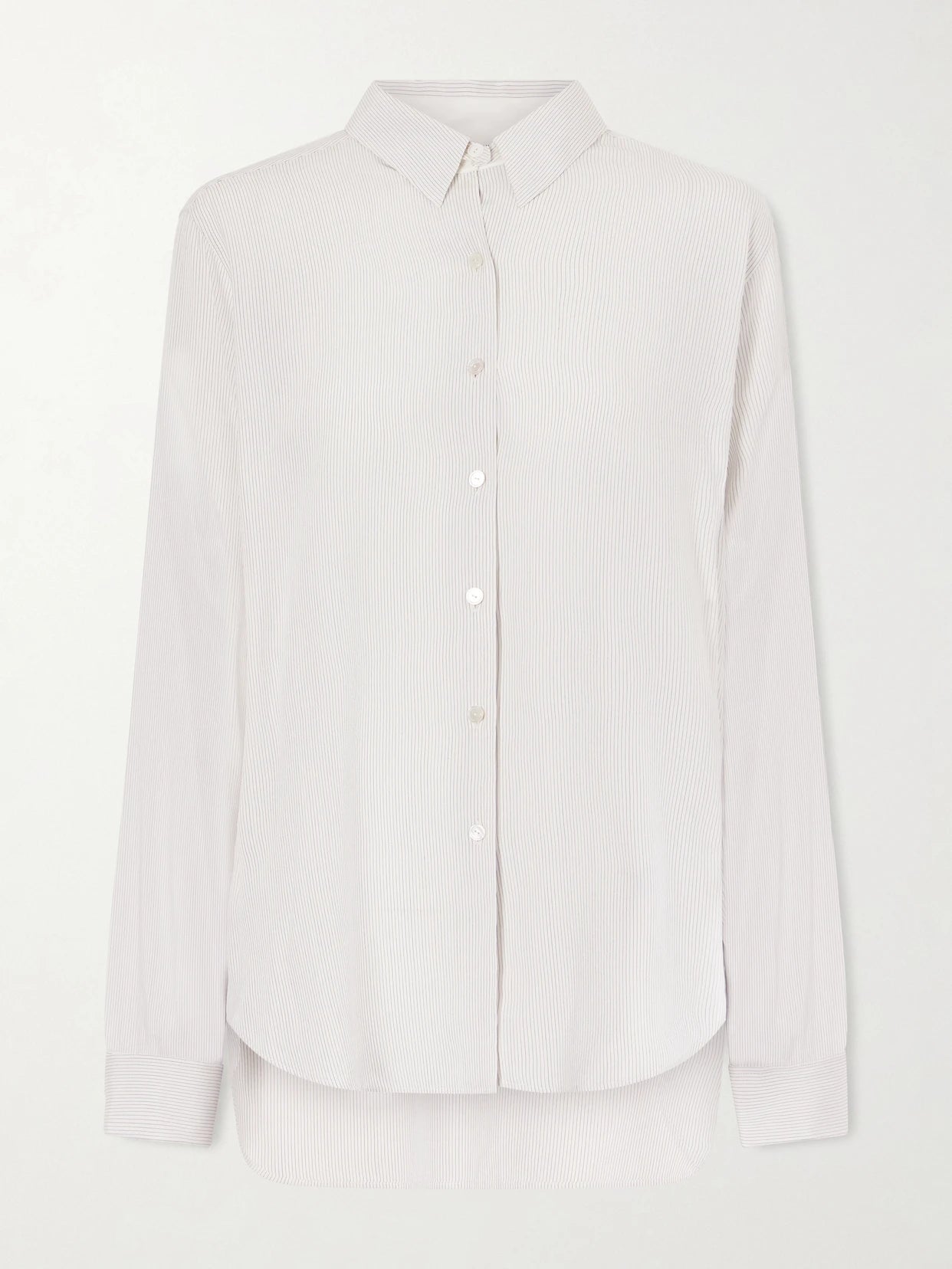 Image of a model wearing Tops. Product name - Fiora Pinstriped Silk Shirt in Multi colour by brand - The Row
