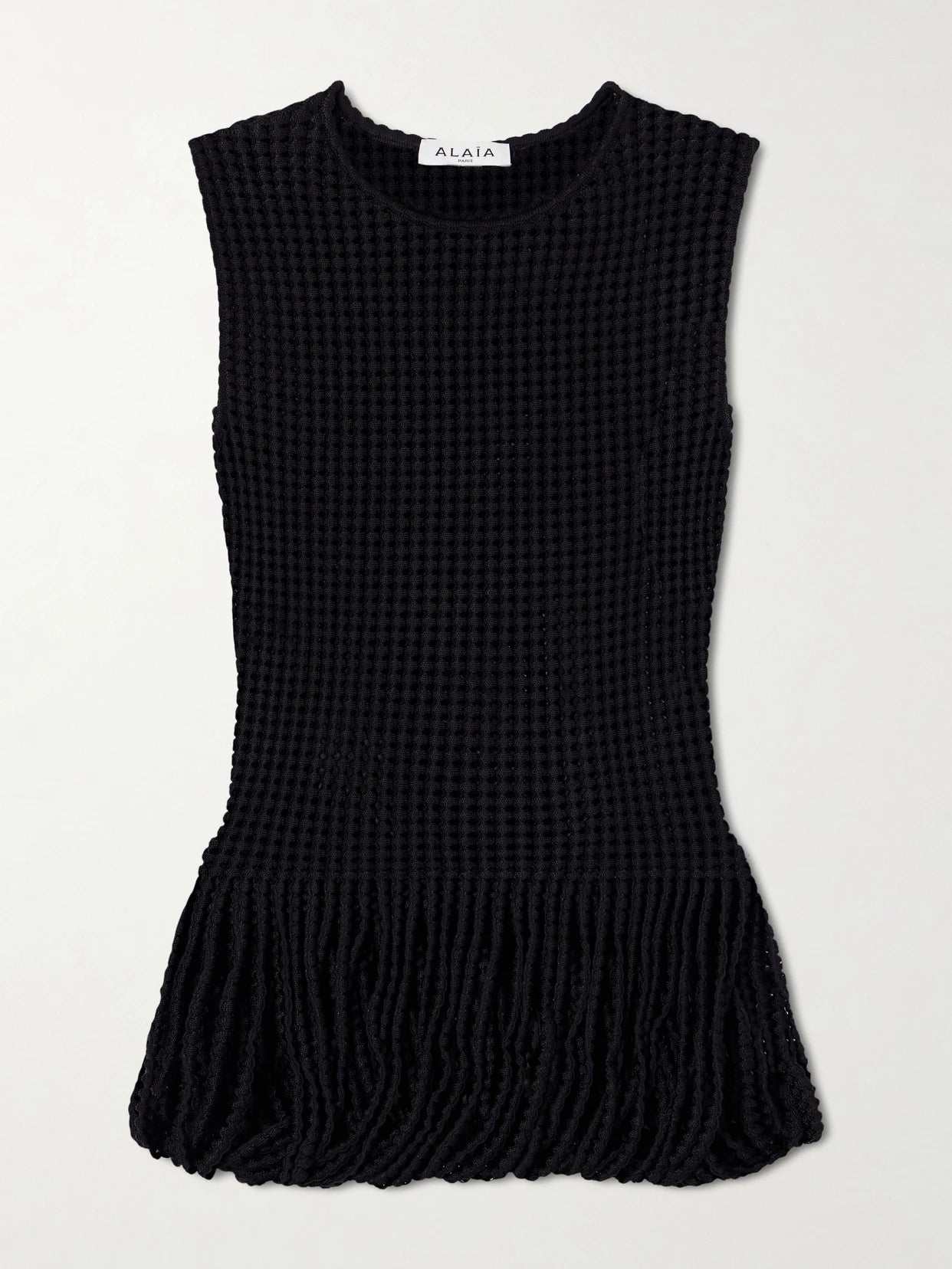 Image of a model wearing Tops. Product name - Open-knit Top in Black colour by brand - Alaïa