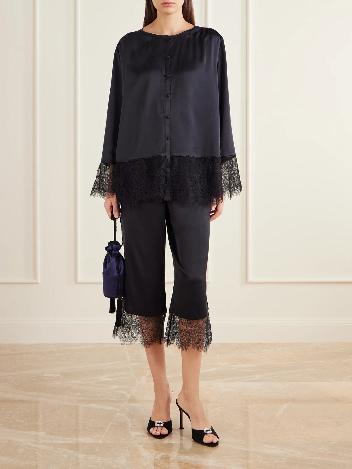 Image of a model wearing Tops. Product name - Blake Lace-trimmed Silk-charmeuse Shirt in Black colour by brand - Posse