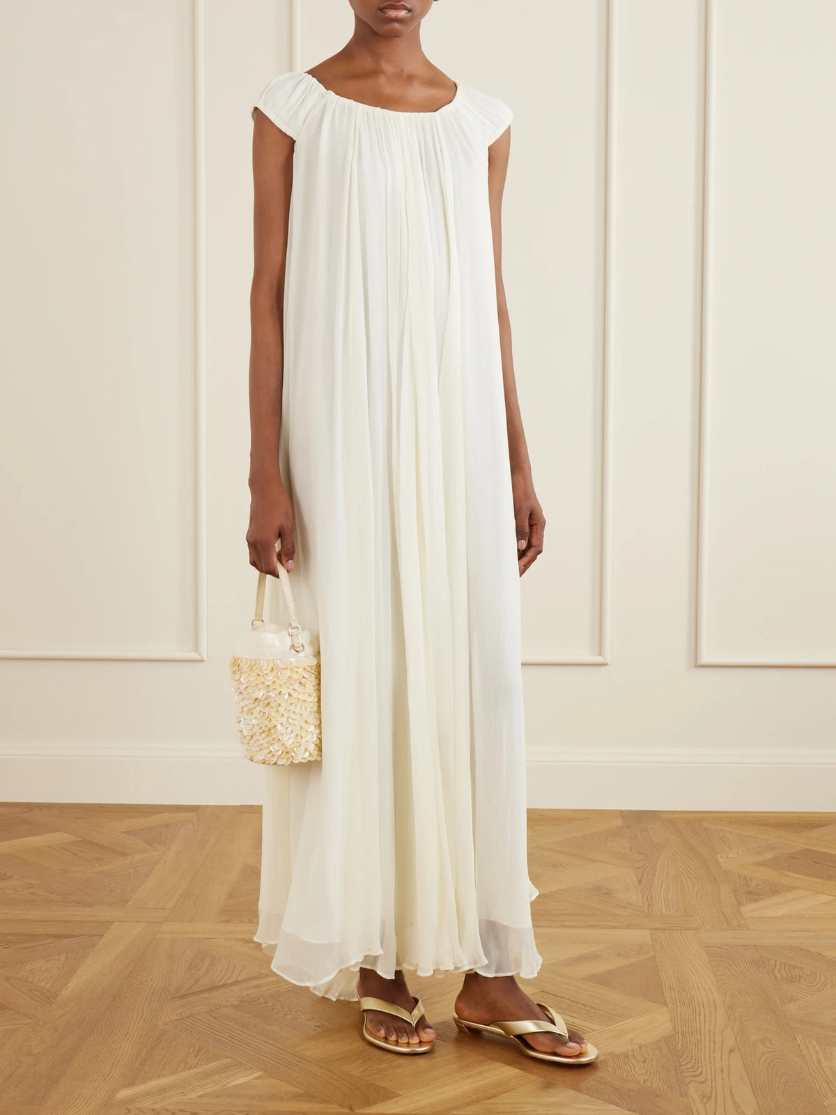 Image of Dresses. Product name - Leda Chiffon Maxi Dress in Ivory colour by brand - STAUD