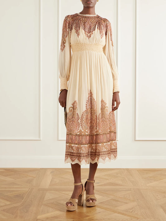 Image of Dresses. Product name - Ascent Smocked Printed Georgette Midi Dress in Beige colour by brand - Zimmermann