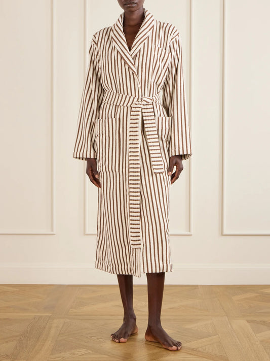 Image of Lingerie. Product name - Belted Striped Organic Cotton-terry Robe in Bronze colour by brand - TEKLA