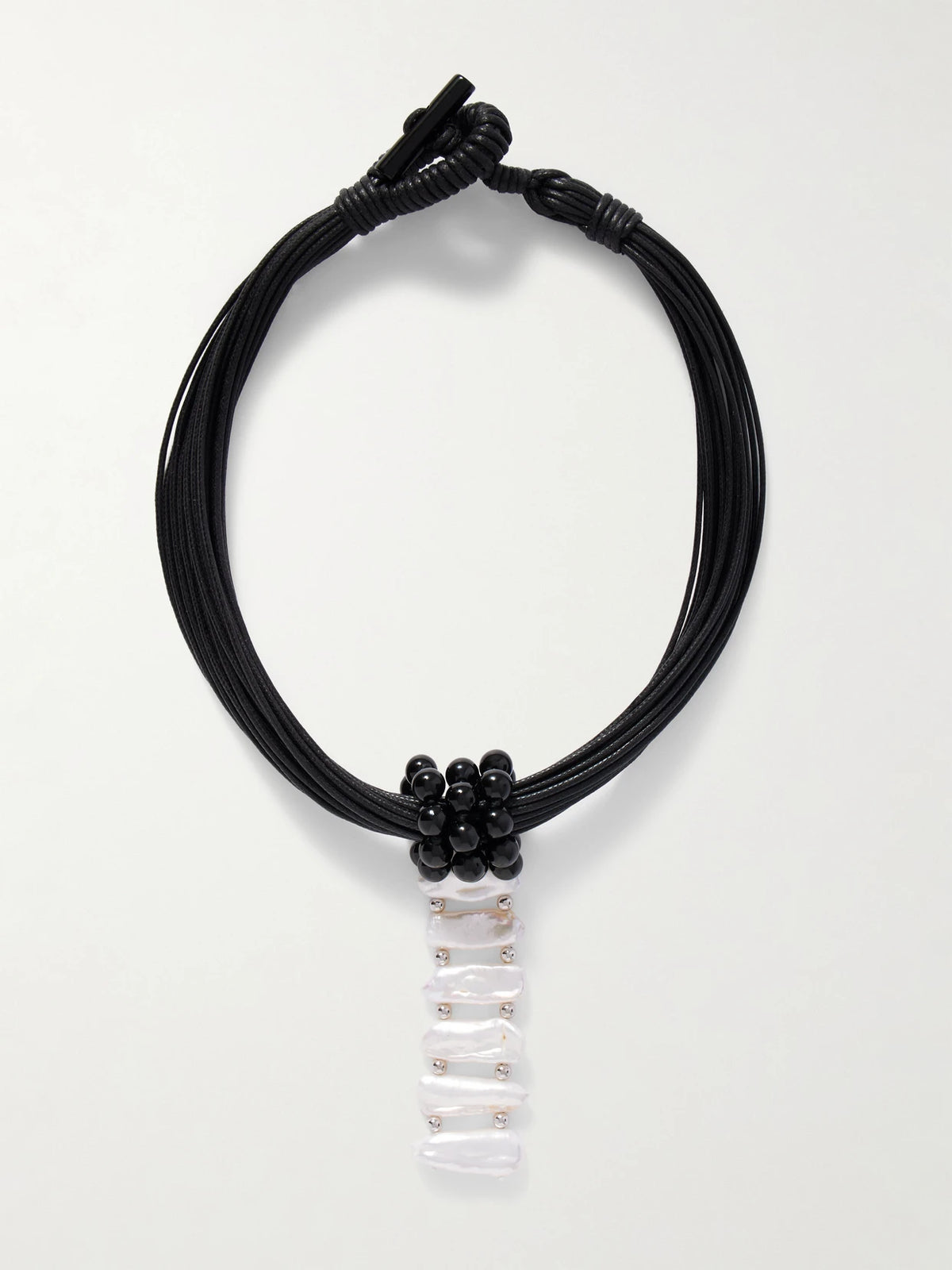 Cord, Onyx, Pearl And Silver Necklace