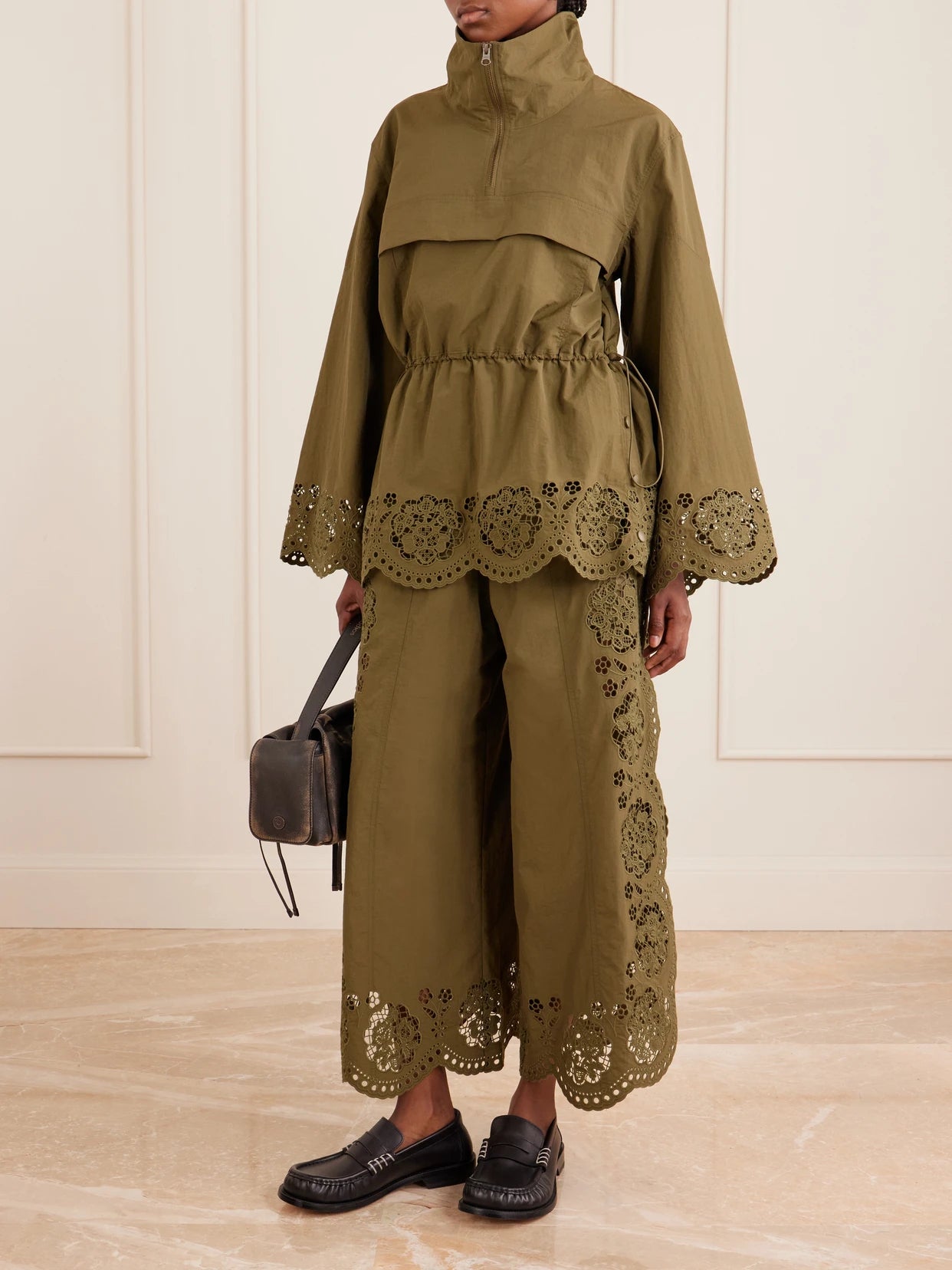Image of Coats & Jackets. Product name - Vittoria Broderie Anglaise-trimmed Shell Jacket in Army green colour by brand - Sea