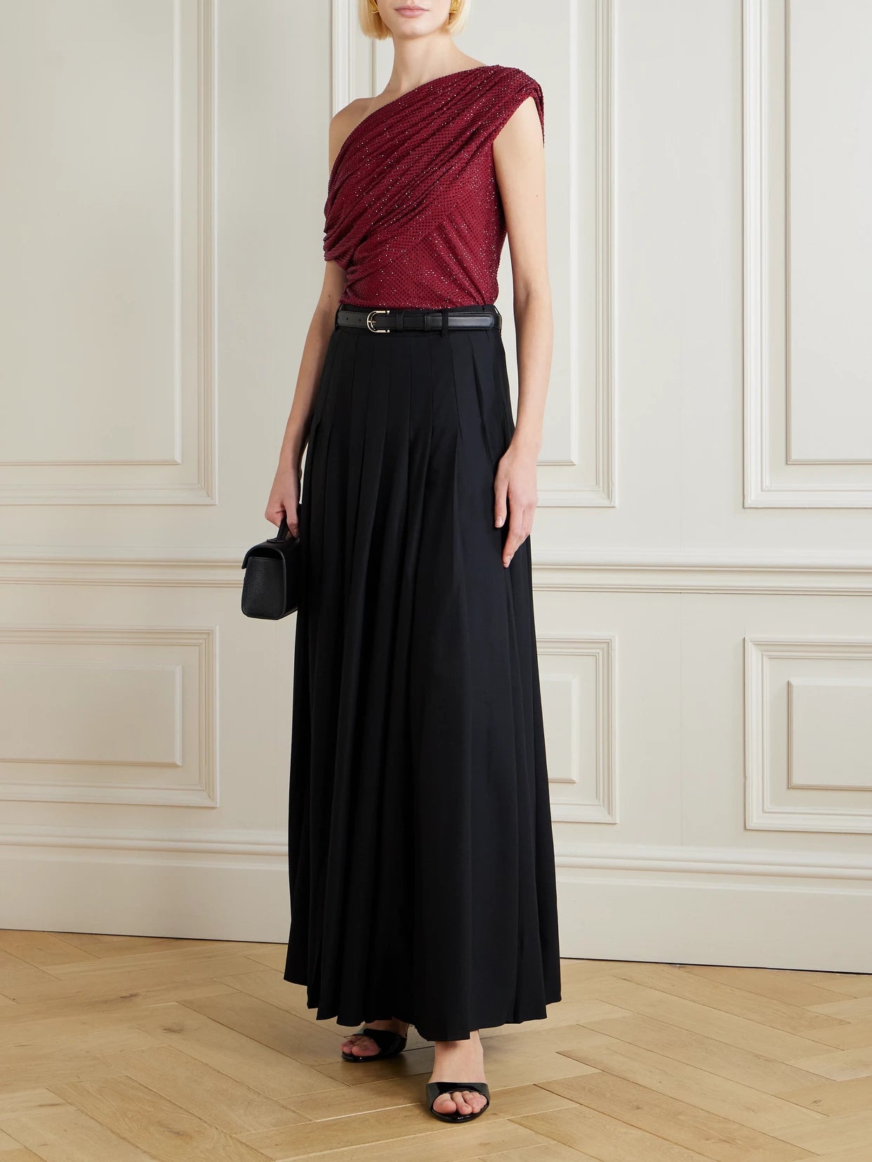 Image of a model wearing Tops. Product name - Off-the-shoulder Draped Crystal-embellished Mesh Top in Burgundy colour by brand - Self-Portrait