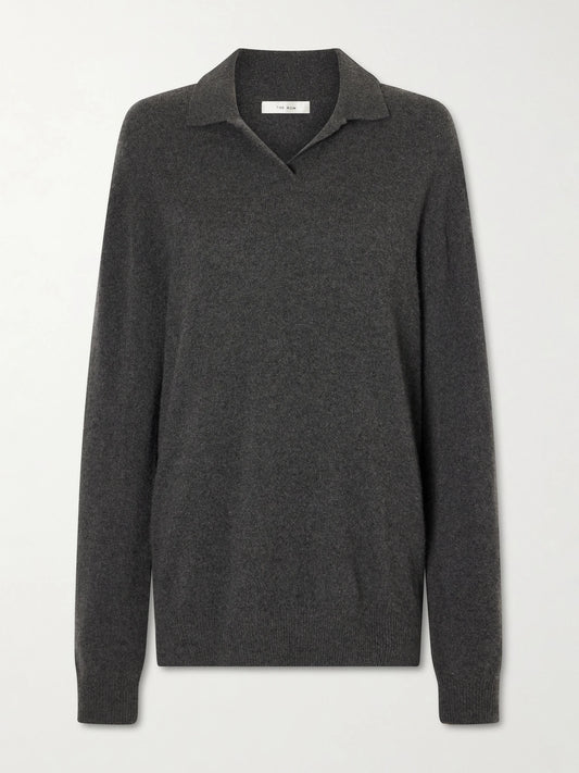 Image of a model wearing Outerwear. Product name - Oashi Cashmere Knit in Anthracite colour by brand - The Row
